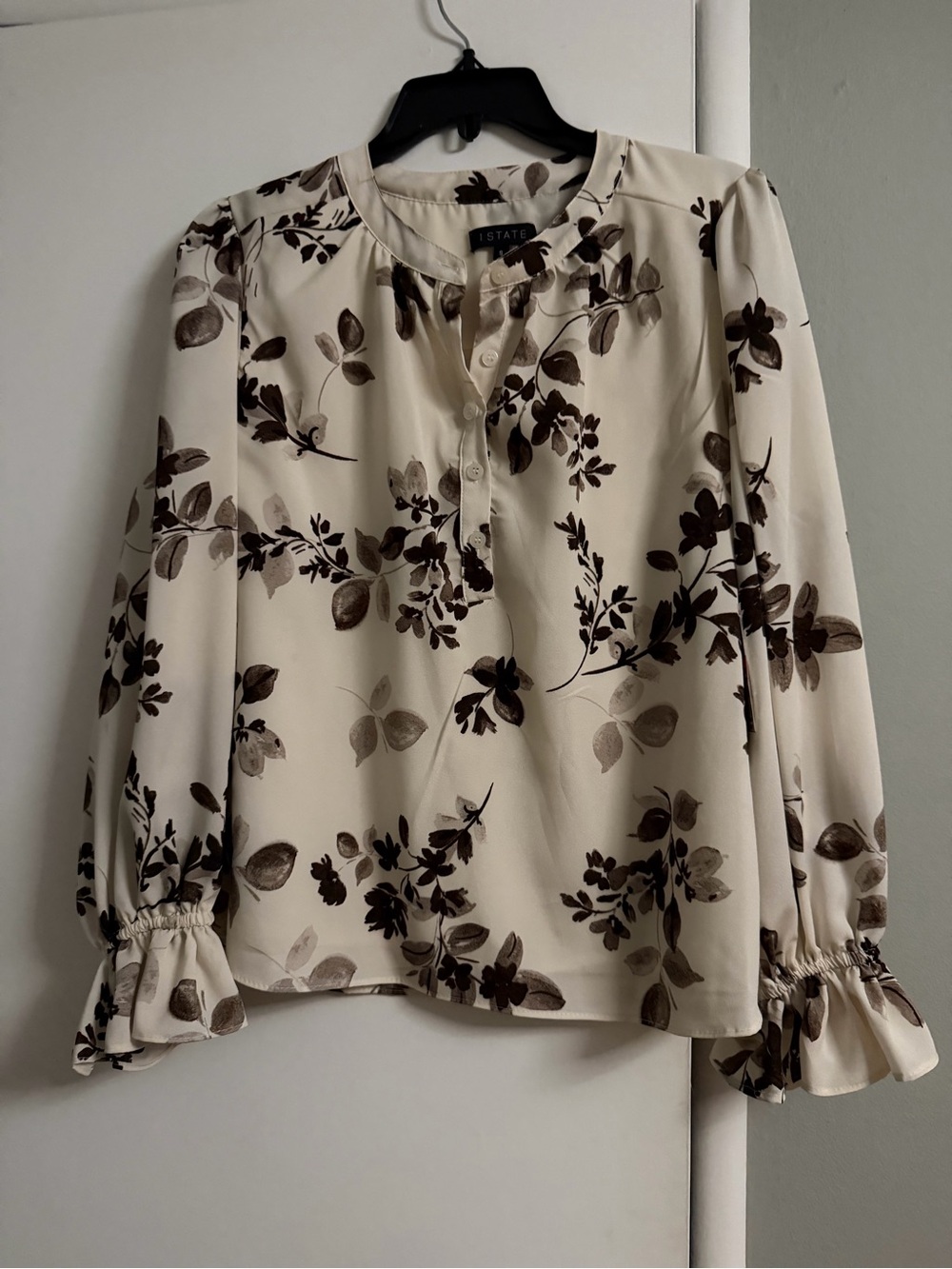 1. State Cream Blouse with Brown Floral Print and Ruffle Cuffs
